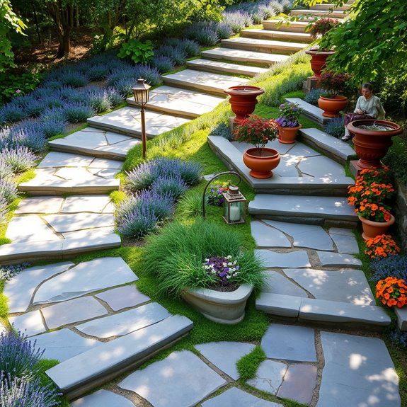 curved staircase with benches