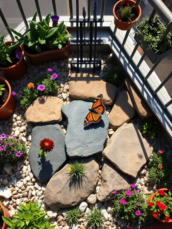 butterflies basking on stones