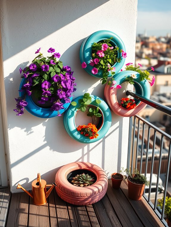 colorful repurposed tire planters