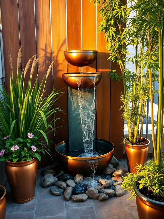 tiered copper waterfall focal point